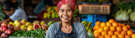 Smiling vendor with fresh produce at market, vibrant and colorful, rustic settingの素材