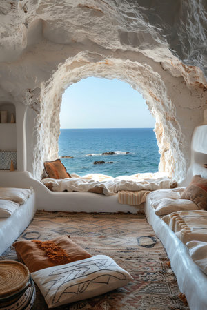 Bright cave living room with cushions, sea view through arched window, soft lightingの素材
