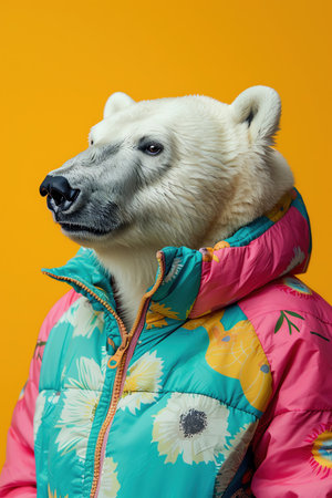 Polar bear in colorful pajamas, yellow background, playful studio shotの素材