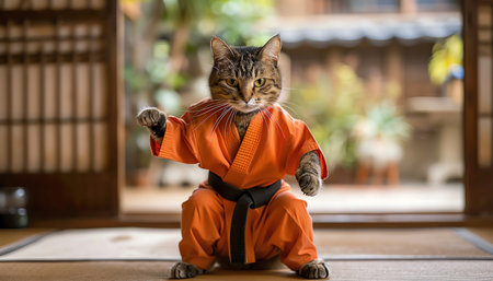Cat in orange gi, determined pose, traditional settingの素材