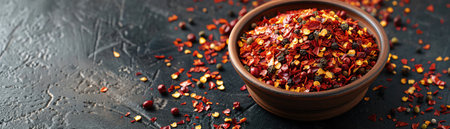 Bowl of crushed red pepper flakes, dark background, scattered peppers, closeupの素材