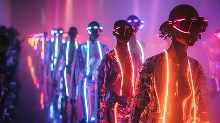 Futuristic fashion show with models in illuminated outfits, neon lights creating a dynamic atmosphereの素材
