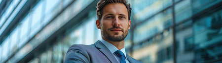 Confident businessman in a suit, modern building background, slight smile, professional lookの素材