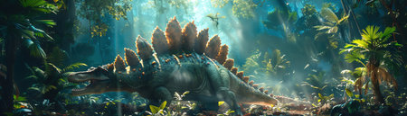 Stegosaurus in a dense jungle, sunlight streaming through leavesの素材