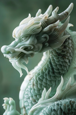Jade dragon statue against a green backdrop, detailed craftsmanshipの素材