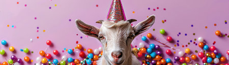 Goat in party hat, colorful beads, purple backgroundの素材