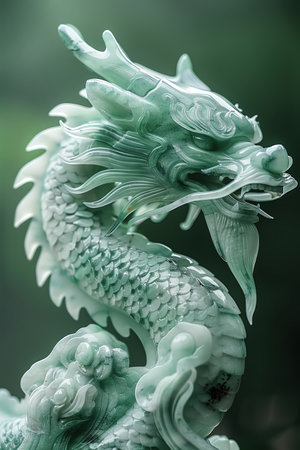 Jade dragon statue against a green backdrop, detailed craftsmanshipの素材