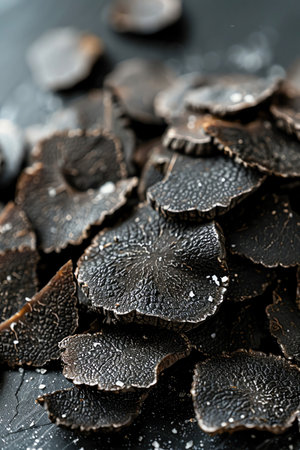 Closeup of black truffle slices on a dark surface, glossy and texturedの素材