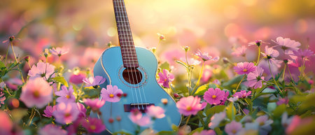 Blue guitar amidst pink flowers, dreamy scene, soft sunlightの素材