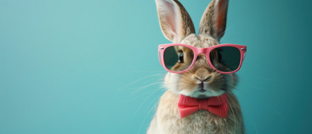 Rabbit in pink sunglasses and bowtie, teal background, stylish and quirkyの素材