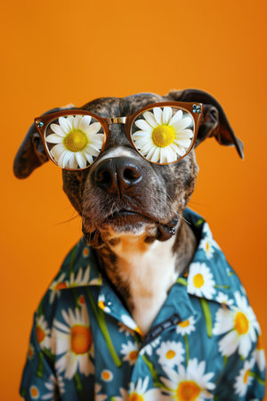 Dog wearing daisy sunglasses and shirt, bright orange background, playful and cheerfulの素材