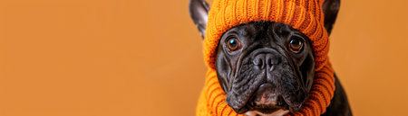 French bulldog in orange knit hat, orange background, frontfacing view, studio lightingの素材