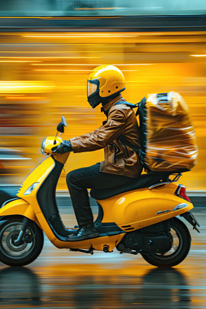 Delivery rider on a yellow scooter, bright yellow background, motion blur effectの素材
