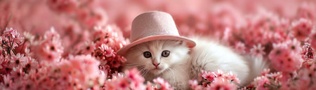 White kitten with pink hat, surrounded by pink flowers, dreamyの素材