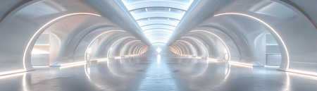 Futuristic white corridor with arches, bright ambient lighting, symmetrical perspectiveの素材