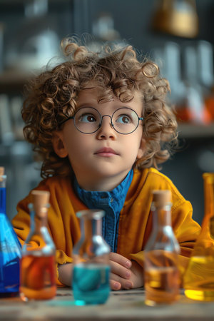 Curious child with curly hair and glasses in a lab, colorful flasksの素材