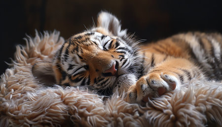 Adorable tiger cub sleeping on a fluffy blanket, peaceful and cozyの素材