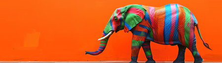 Elephant with vibrant multicolored stripes, orange backgroundの素材