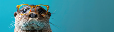 Otter wearing glasses, turquoise background, closeupの素材