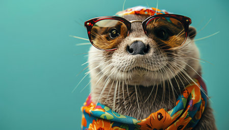 Otter in sunglasses, floral scarf, turquoise backgroundの素材