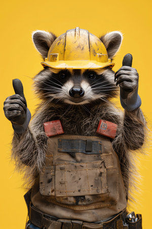 Raccoon in construction gear, yellow background, thumbs up, medium closeupの素材