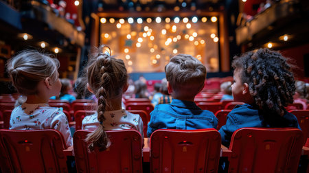 Children watching a performance on stage, theater settingの素材