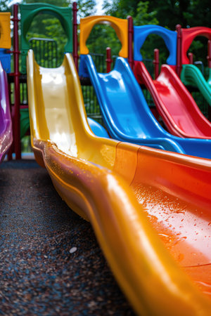 Colorful playground slides, outdoor park settingの素材