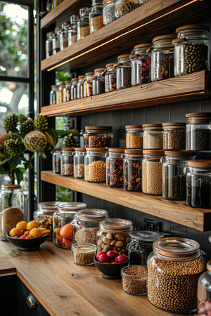 Shelves with jars of spices, grains, and fruits neatly organized in a kitchenの素材
