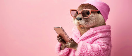Otter in pink outfit and sunglasses, using smartphone, pink backgroundの素材