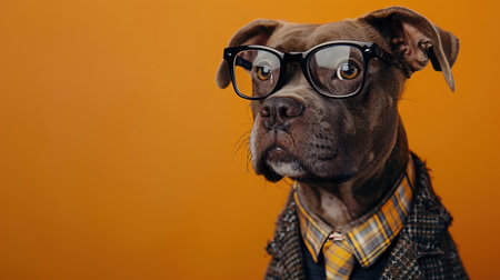 Dog wearing glasses and a tie, bright orange background, humorous portraitの素材