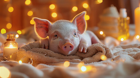 Adorable piglet on a towel with spa bottles, soft lights, cozy ambianceの素材