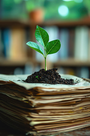 Green seedling growing from documents, office background, side viewの素材