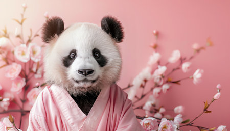 Panda in pink kimono, pink background, serene pose with flowersの素材