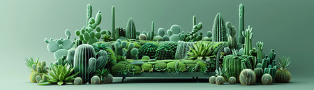Armchair made of various cacti, green monochromatic backgroundの素材