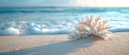 Coral piece on a sandy beach, gentle waves in the backgroundの素材