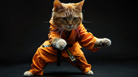 Cat in martial arts uniform, black background, fierce poseの素材