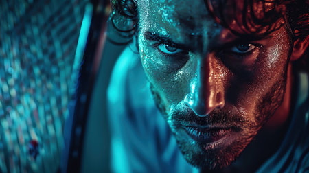 Focused tennis player with racket, low light, intense expression, dramatic and powerfulの素材