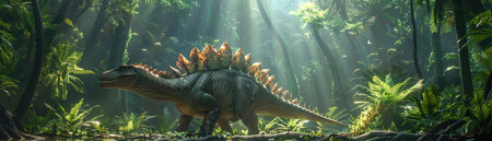 Stegosaurus in a dense jungle, sunlight streaming through leavesの素材