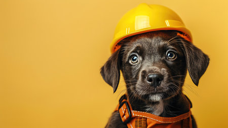 Puppy in construction gear yellow backgroundの素材