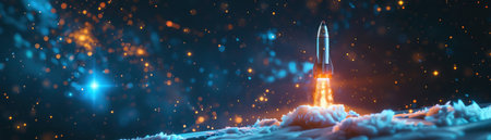 Rocket launching from laptop screen, digital space themeの素材