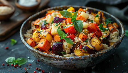 Bowl of roasted vegetables with couscous, garnished with herbsの素材