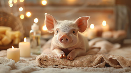 Adorable piglet on a towel with spa bottles, soft lights, cozy ambianceの素材