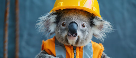 Koala in a construction hat and vest, blue background, humorous and cuteの素材