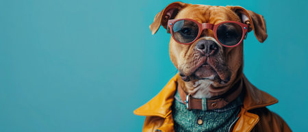 Dog in stylish outfit and sunglasses, blue background, fashionable portrait, closeupの素材
