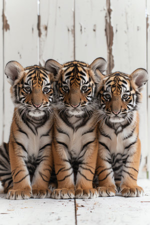 Three tiger cubs sitting, white background, soft light, looking at cameraの素材