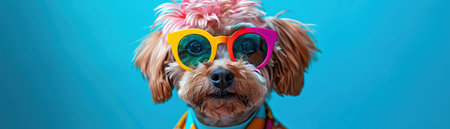 Dog with colorful hair, dressed in a bright outfit, blue backgroundの素材