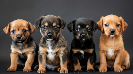 Four adorable puppies sitting in a row, dark gray background, cute and curious expressionsの素材