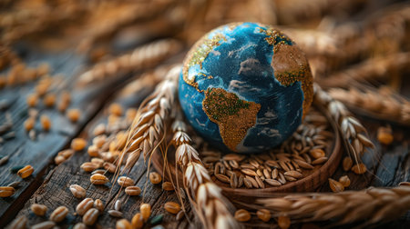 A miniature globe rests on a wooden surface surrounded by wheat sheaves and grains symbolizing global agricultureの素材