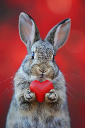 Adorable bunny holding a red heart, bright red background, cute and affectionate expressionの素材