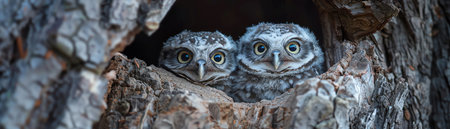Baby owls in tree hollow, forest light, medium closeupの素材